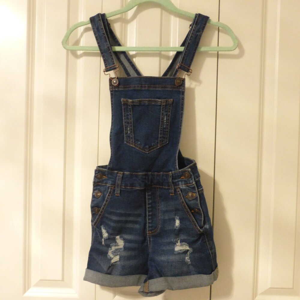 WAX JEAN dark wash denim shortalls/overalls with distressed details